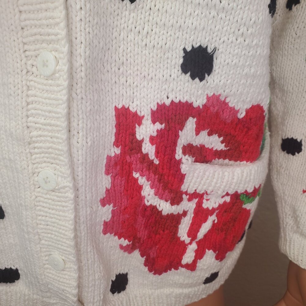 American Vintage Red Rose Polka Dot Print White Chunky Cardigan Grandma Cotton M - Picture 5 of 11